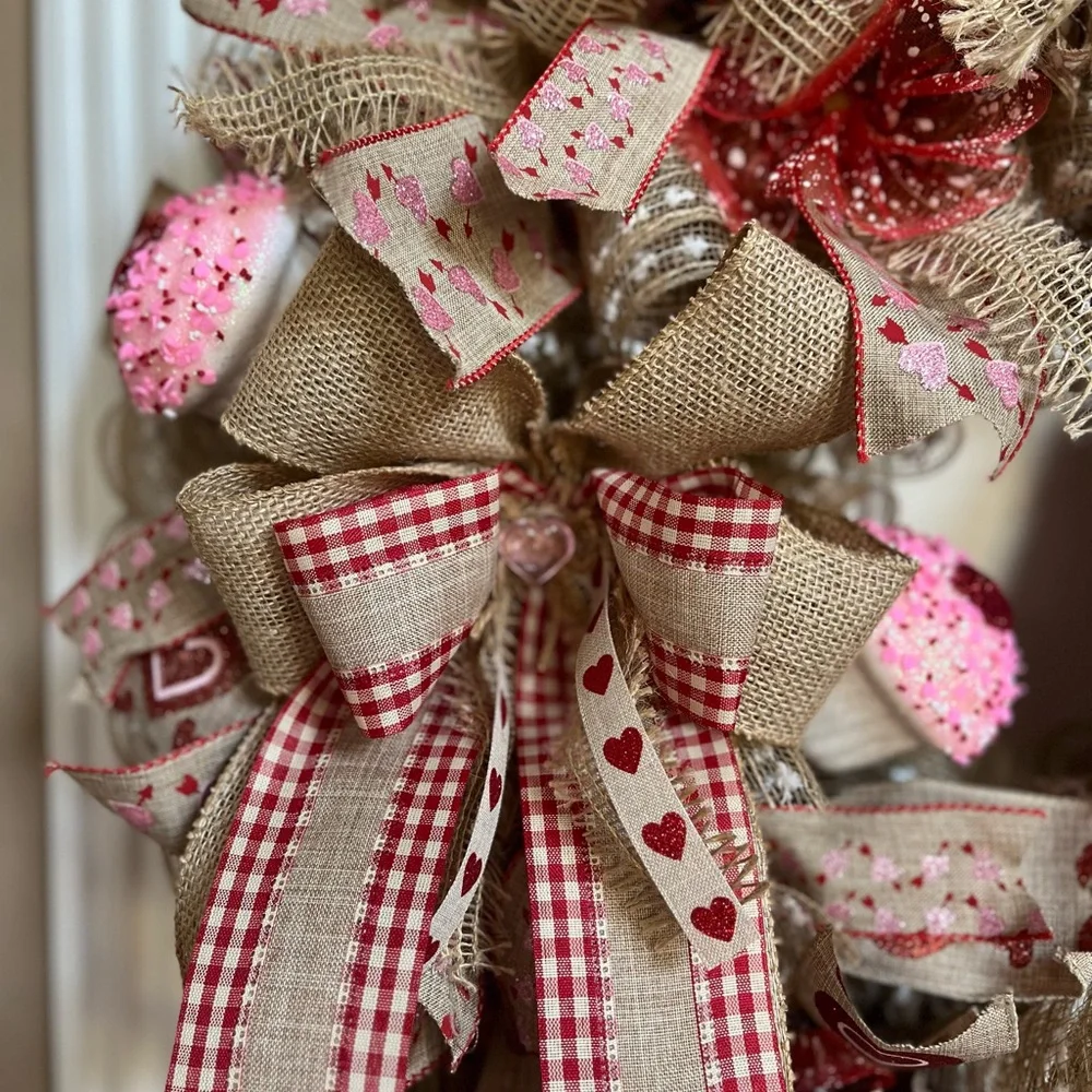 HUGE Valentines Day Wreath 28” Burlap Farmhouse Rustic Pink Red Hearts XLARGE